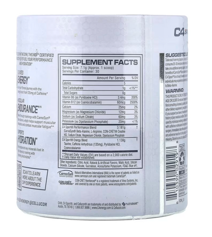 C4 Sport Pre-Workout supplement facts label, featuring vitamins, kreatin, og D vitaminer for optimal ytelse.