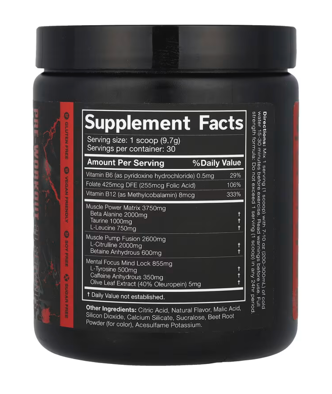 Supplement facts label for JNX Sports, The Shadow!® Pre-Workout, featuring vitamins and gluten-free ingredients.