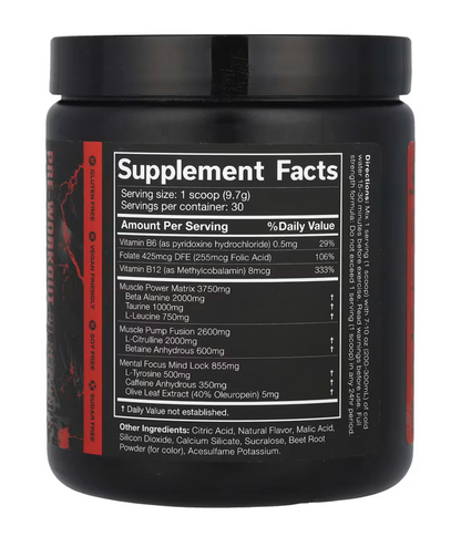 Supplement facts label for JNX Sports, The Shadow!® Pre-Workout, featuring vitamins and gluten-free ingredients.