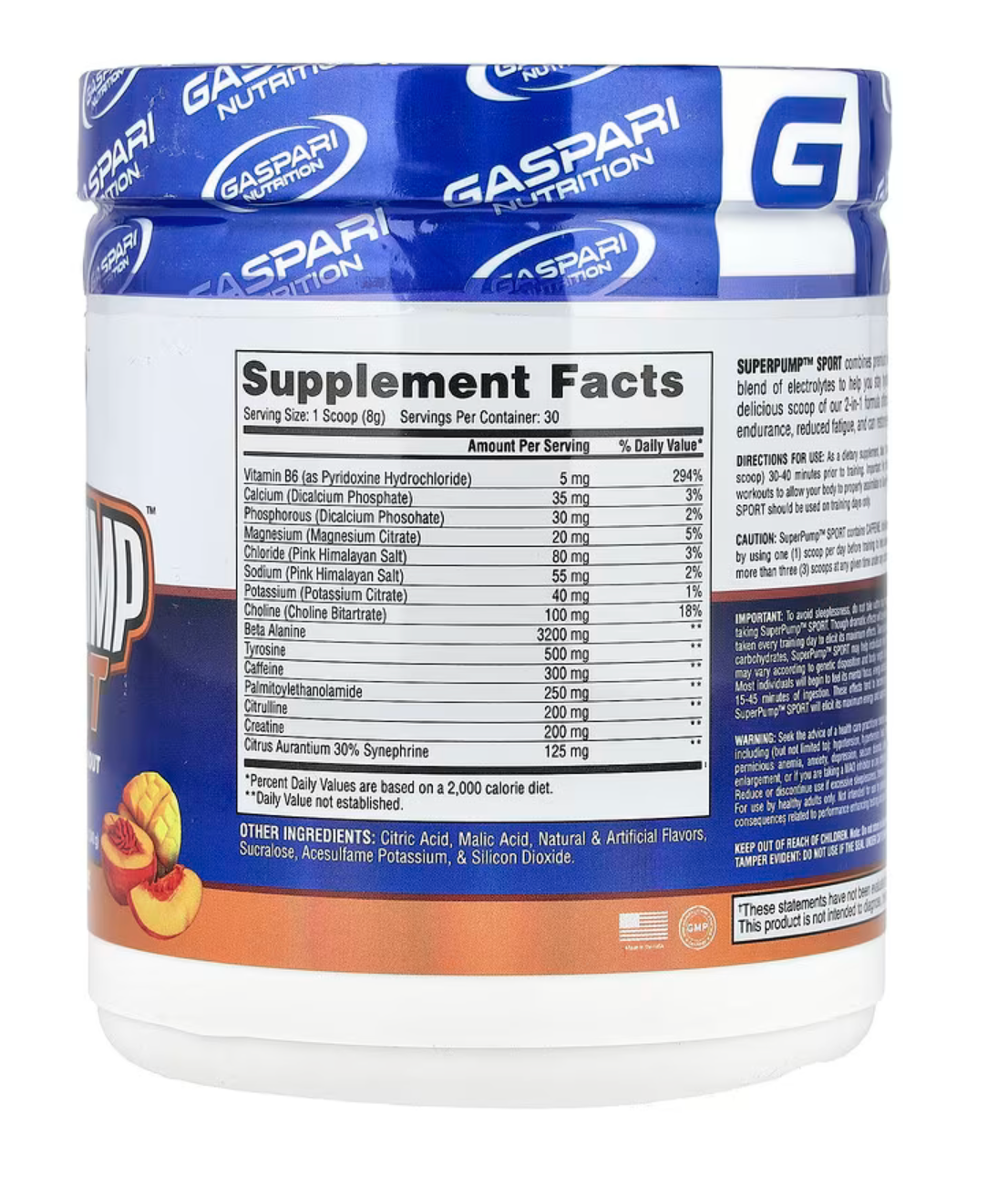 Gaspari Nutrition SuperPump Sport Mango Nectarine supplement facts jar showing vitamins and electrolytes for hydration.