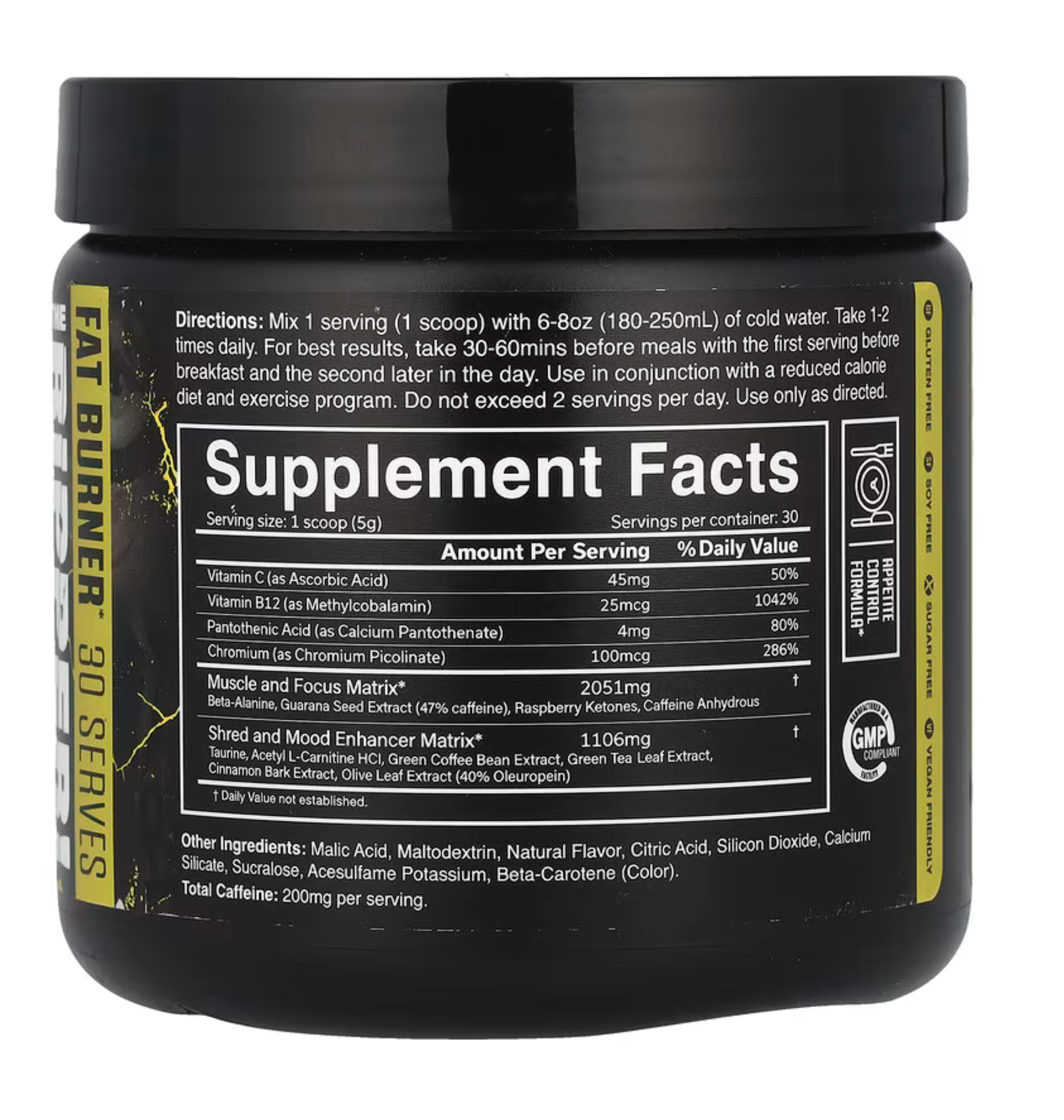 JNX Sports The Ripper! Fat Burner supplement facts label, pineapple flavor, gluten-free and vegan-friendly.