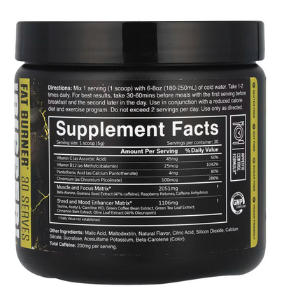 JNX Sports The Ripper! Fat Burner supplement facts label, pineapple flavor, gluten-free and vegan-friendly.