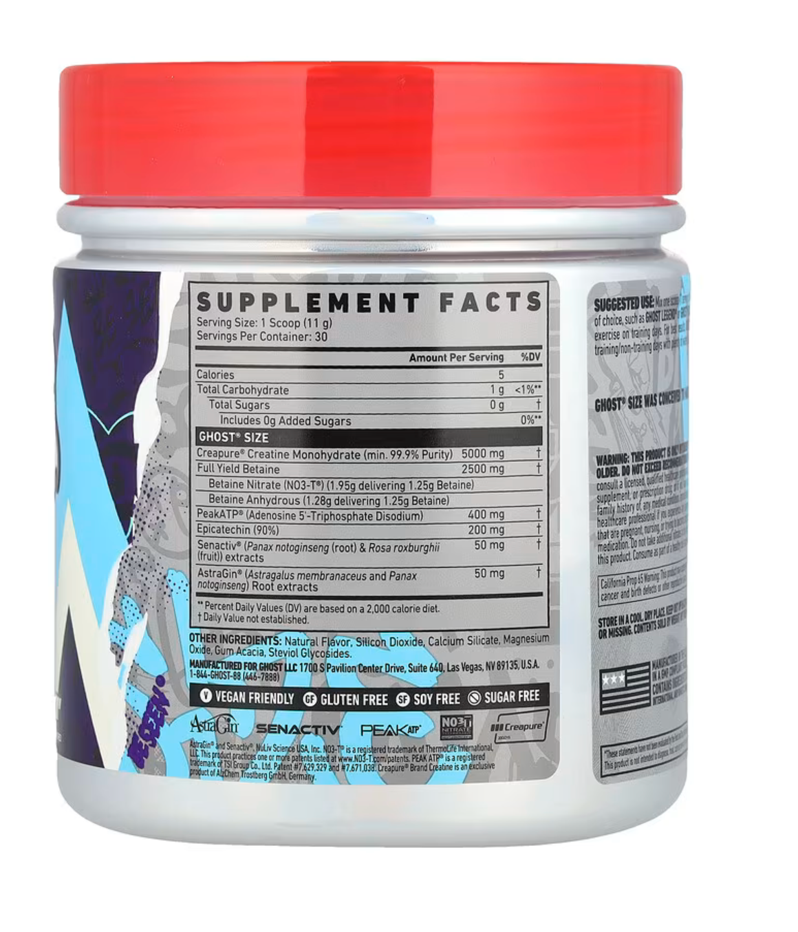 GHOST SIZE supplement facts label, featuring ingredients like AstraGin® and Peak ATP®. Vegan, gluten-free, sugar-free.