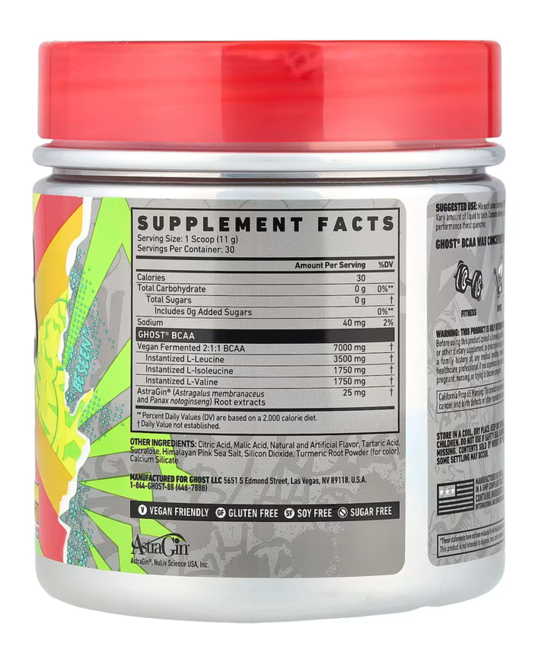 GHOST BCAA Lemon Crush supplement facts - vegan, gluten-free, sugar-free, natural ingredients.