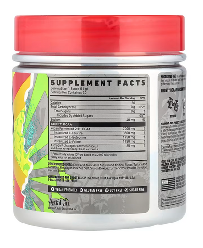 GHOST BCAA Lemon Crush supplement facts - vegan, gluten-free, sugar-free, natural ingredients.