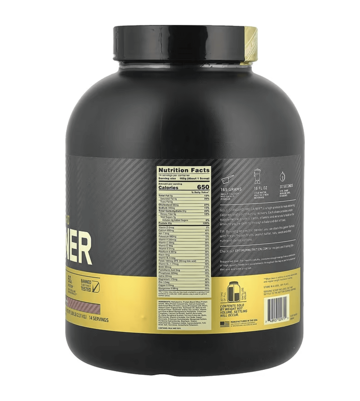 Optimum Nutrition Gold Standard Pro Gainer 5.09 lbs med næringsinformasjon for trening og vektøkning.