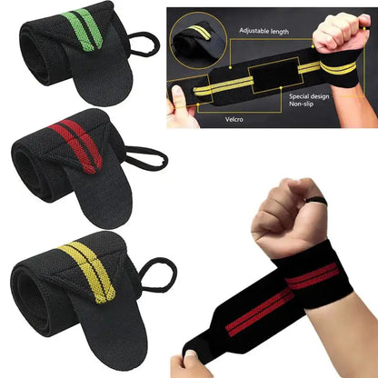 Wrist wraps in green, yellow, and red, designed for support and grip during weightlifting sessions.