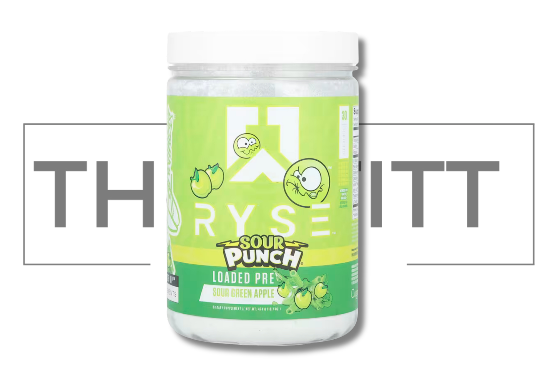 RYSE Loaded Pre, Sour Punch Sour Green Apple supplement jar, energizing pre-workout formula with vitamins.