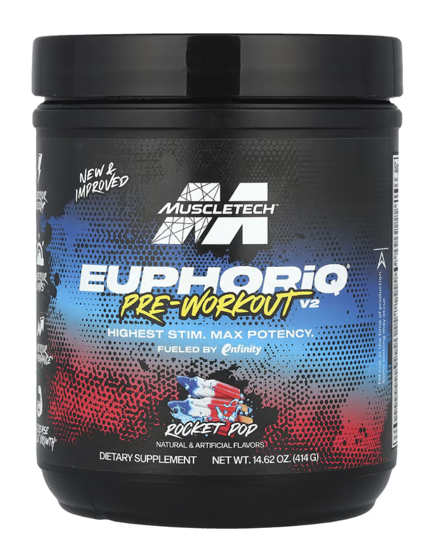 MuscleTech EuphoriQ Pre-Workout V2, Rocket Pop flavor, dietary supplement for energy and muscle growth, 14.62 oz.