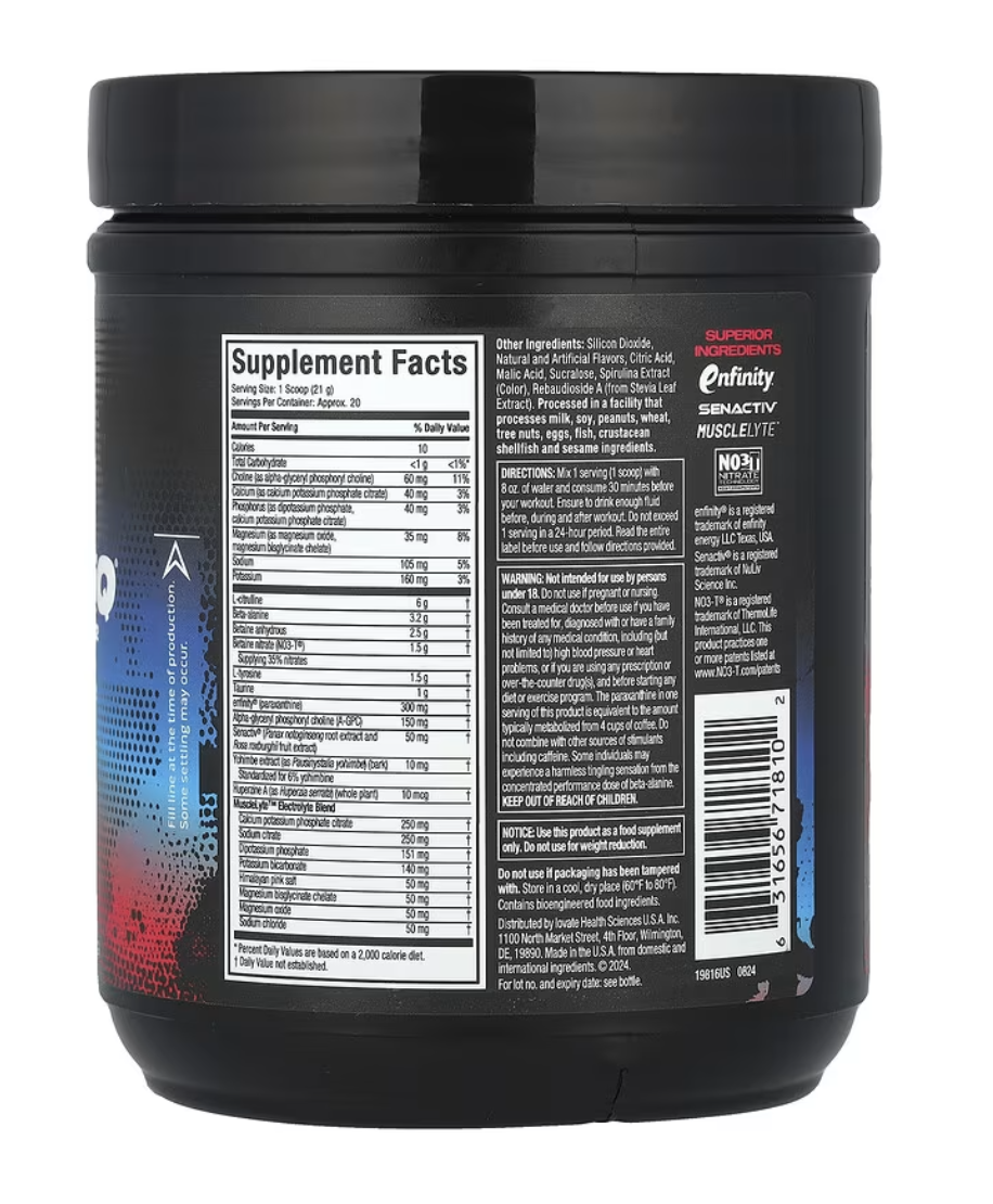 MuscleTech EuphoriQ Pre-Workout V2 supplement facts label highlighting key ingredients and nutritional information.