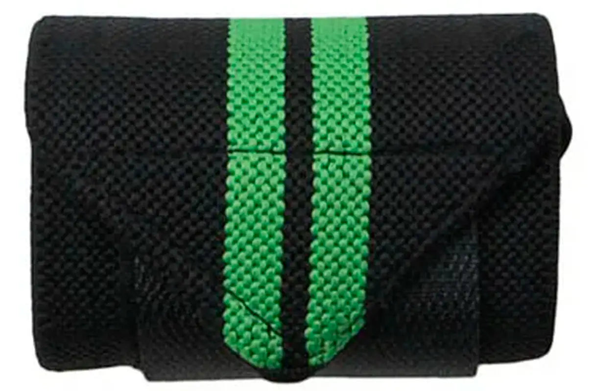 Wrist wrap with black and green design for enhanced grip and wrist support during workouts.