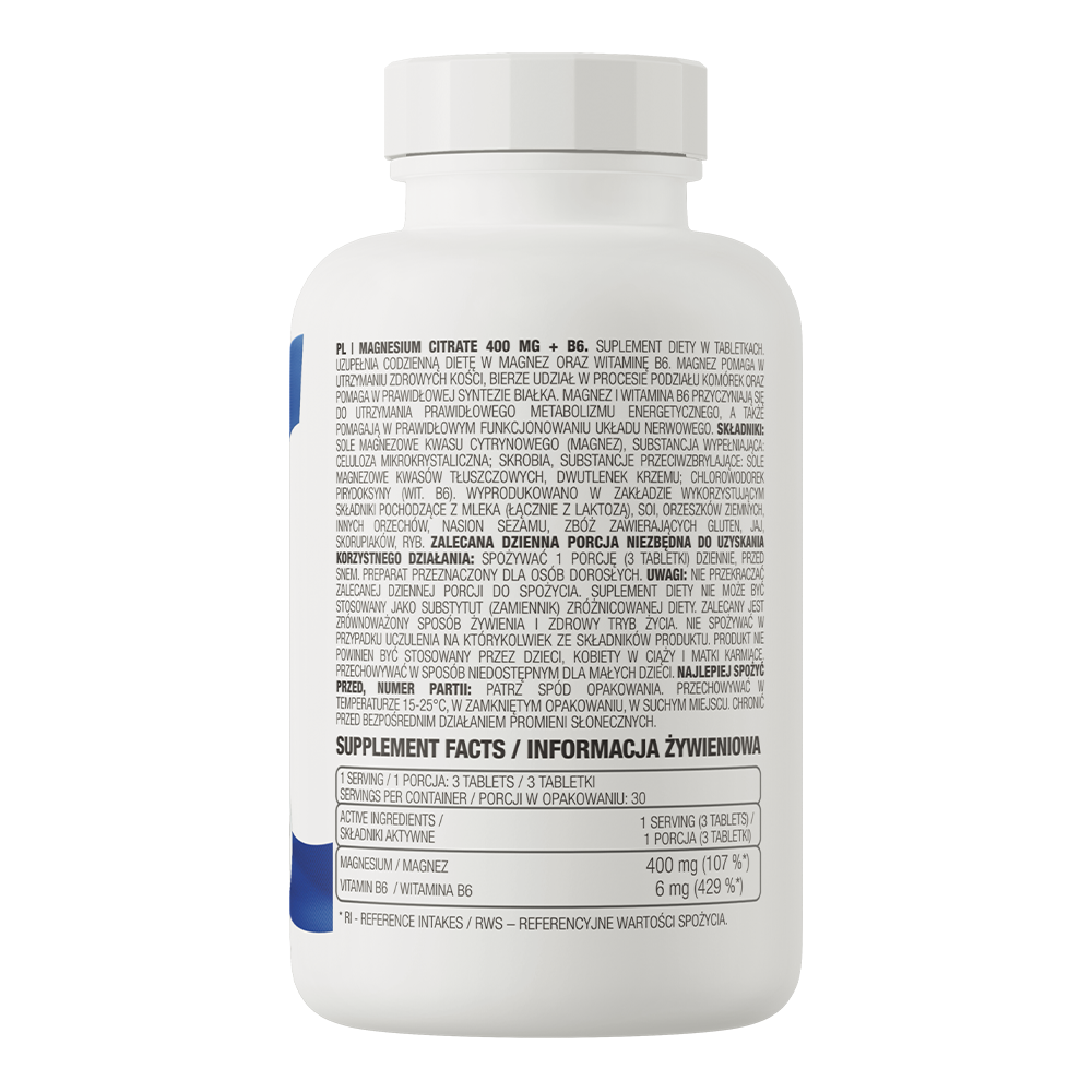 Baksiden av Ostrovit® Magnesium Citrate 400 mg tabletter med næringsinnhold og bruksanvisning.