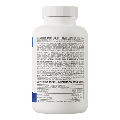 Baksiden av Ostrovit® Magnesium Citrate 400 mg tabletter med næringsinnhold og bruksanvisning.