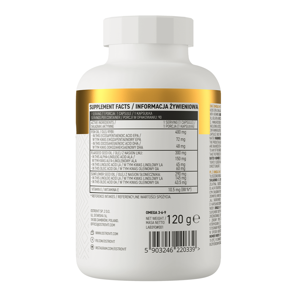 Baksiden av Omega 3-6-9 kosttilskudd med næringsinformasjon og ingredienser for hjertehelse.