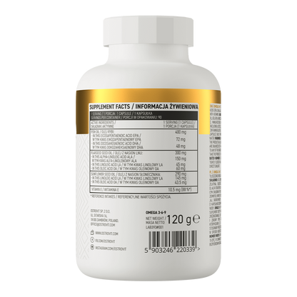 Baksiden av Omega 3-6-9 kosttilskudd med næringsinformasjon og ingredienser for hjertehelse.