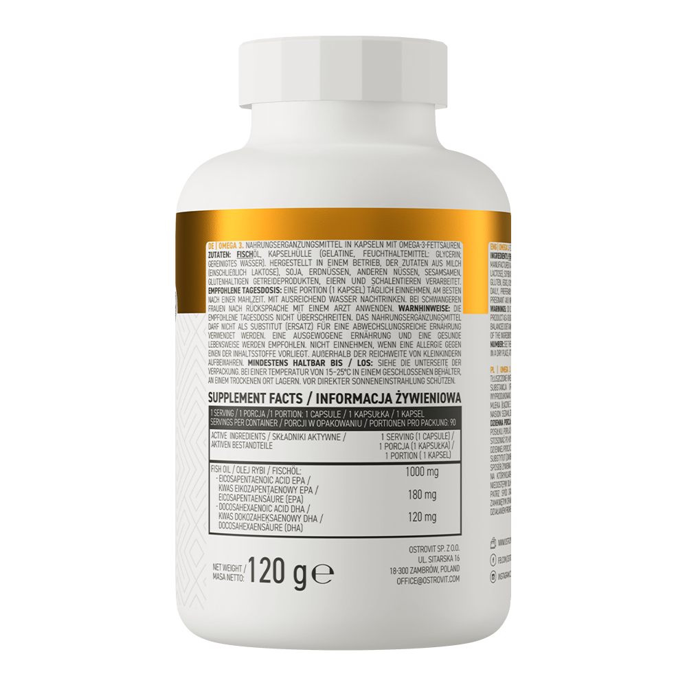 Baksiden av Omega 3 kapsler med supplement fakta, inneholder kosttilskudd for immunhelse og lipidprofil.