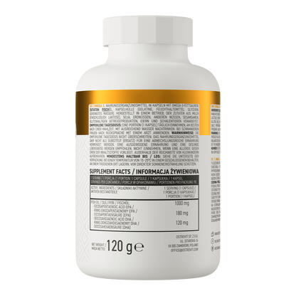 Baksiden av Omega 3 kapsler med supplement fakta, inneholder kosttilskudd for immunhelse og lipidprofil.