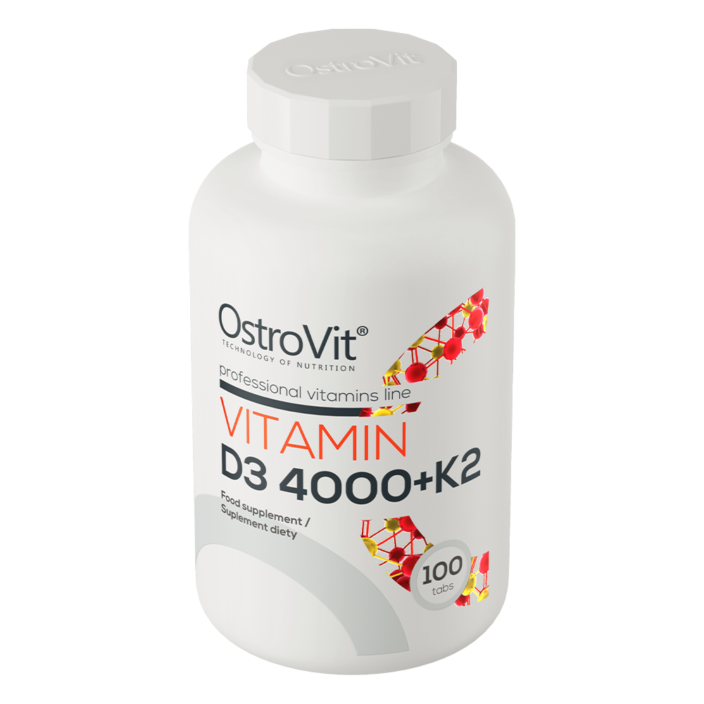 Boks med OstroVit Vitamin D3 4000 IU + K2 kosttilskudd for bein- og immunhelse, inneholder 100 tabletter.