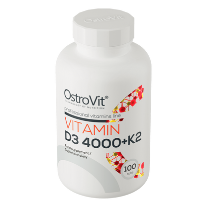 Boks med OstroVit Vitamin D3 4000 IU + K2 kosttilskudd for bein- og immunhelse, inneholder 100 tabletter.