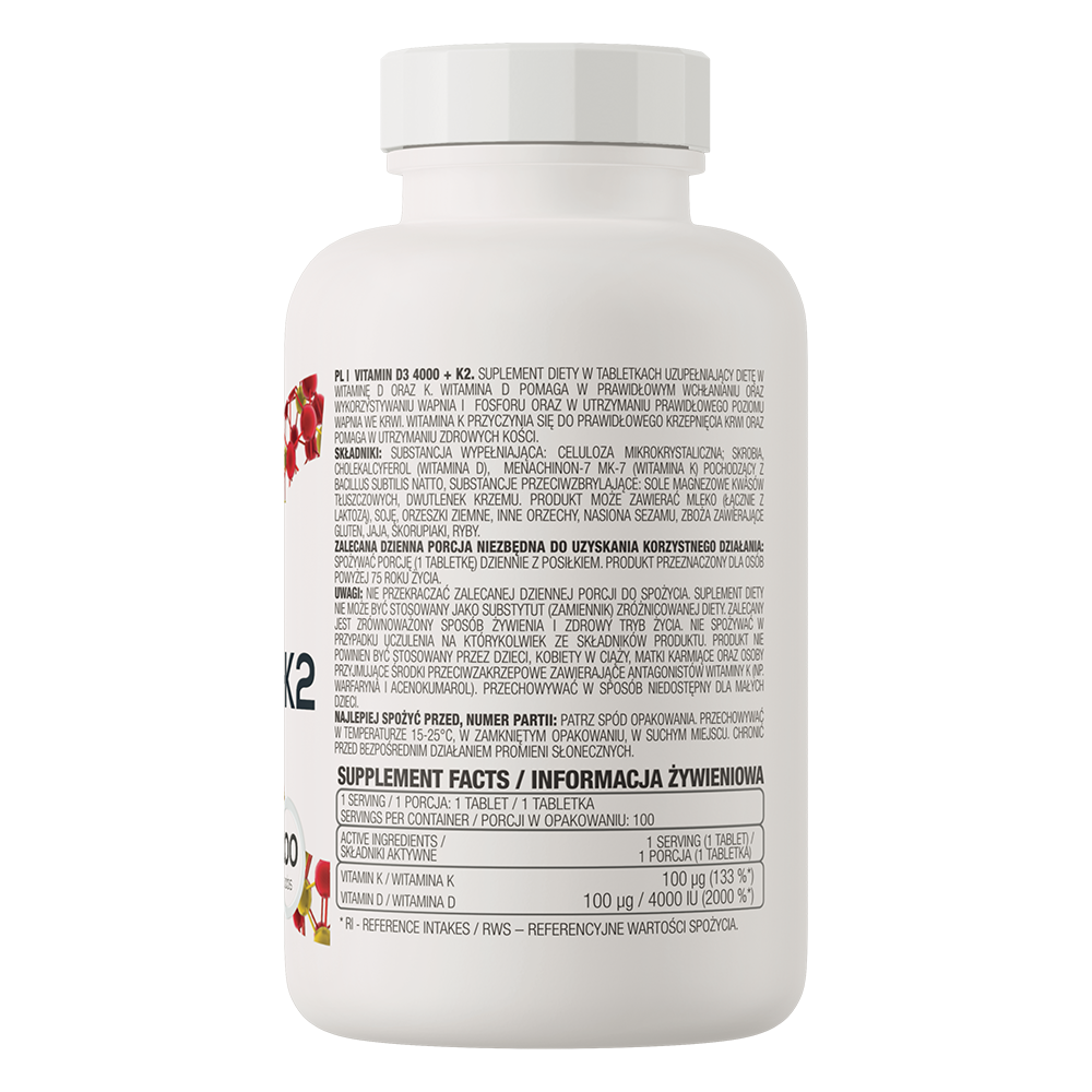 Vitamin D3 4000 IU og K2 kosttilskudd, 100 tabletter, glutenfri, melkefri, uten kunstige konserveringsmidler.