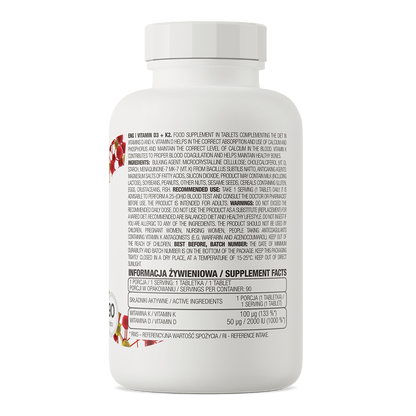 Ostrovit Vitamin D3 + K2 supplement bottle with nutritional information, suitable for vegetarians, gluten-free.