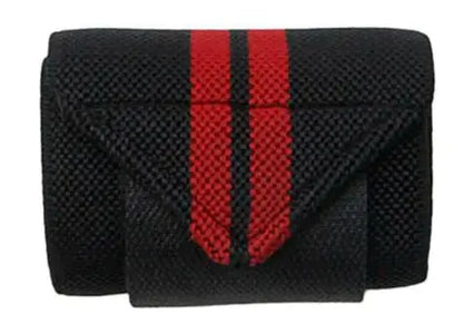 Wrist wrap with black fabric and red stripes for weightlifting support and grip assistance in workout sessions.