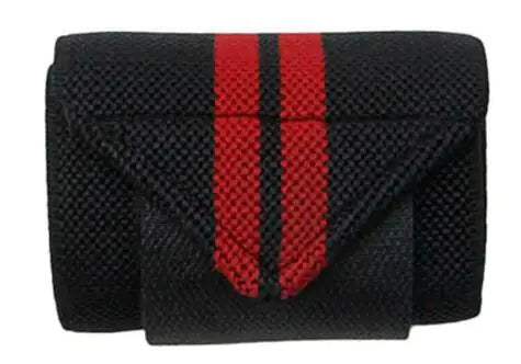 Wrist wrap with black fabric and red stripes for weightlifting support and grip assistance in workout sessions.