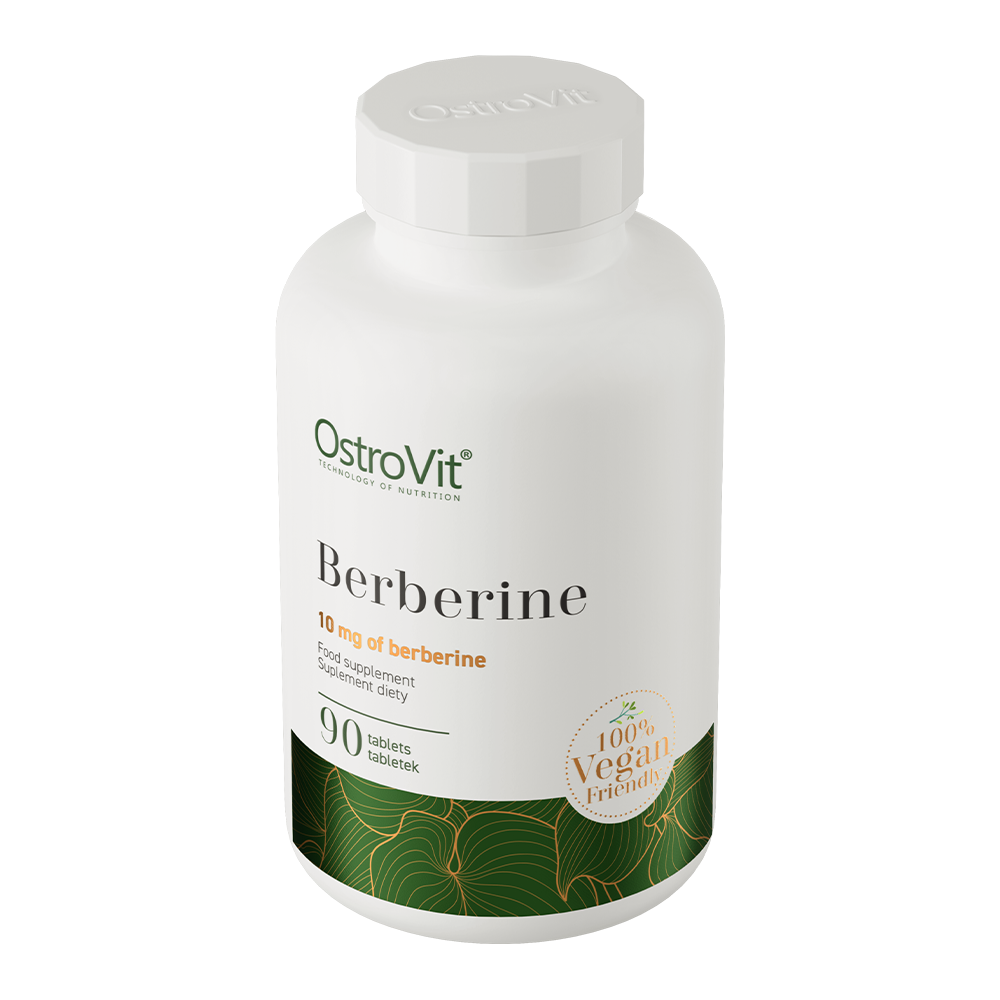 OstroVit Berberine supplement bottle, 90 vegan tablets, 10 mg berberine per tablet for energy and health support.